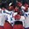 SPISSKA NOVA VES, SLOVAKIA - APRIL 15: Russia's Andrei Svechnikov #14, Ivan Chekhovich #19 and Dmitri Samorukov #5 celebrate with teammates after a third period goal against the U.S. during preliminary round action at the 2017 IIHF Ice Hockey U18 World Championship. (Photo by Steve Kingsman/HHOF-IIHF Images)

